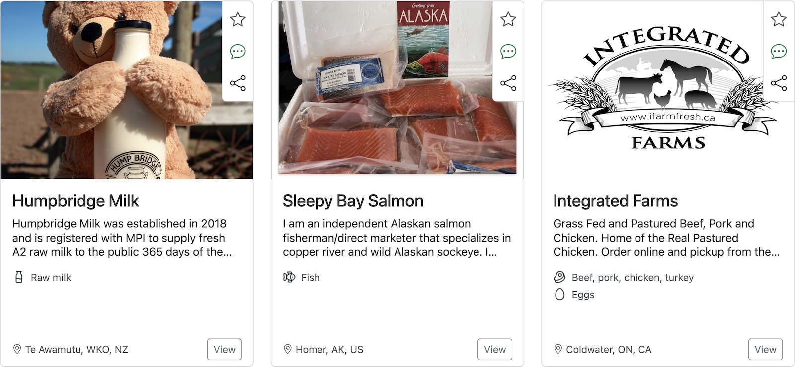 Example of real listings on localFoddr: raw milk in New Zealand, wild Alaskan salmon, and pastured meats in Canada