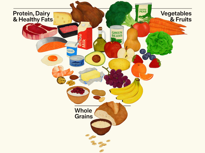 The new food pyramid illustrating protein and whole foods as the primary dietary foundation, with grains positioned as a smaller component.