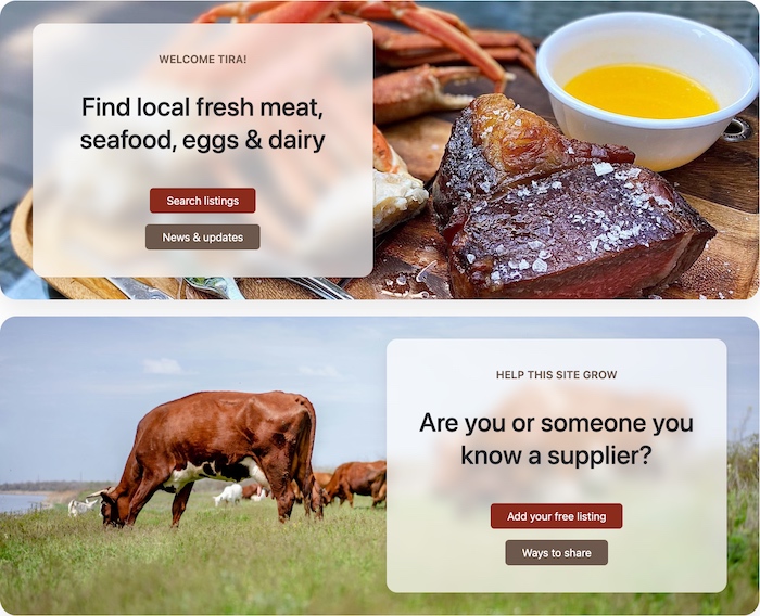 Screenshot of the localFoddr homepage showing panels for local food seekers and livestock producers.